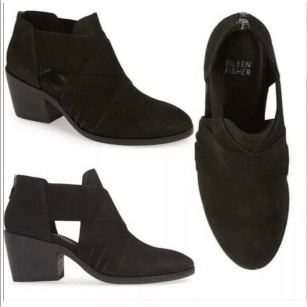 Eileen Fisher Womens Black Leather Walt  Cross Cut Out Ankle Booties 8.5‎